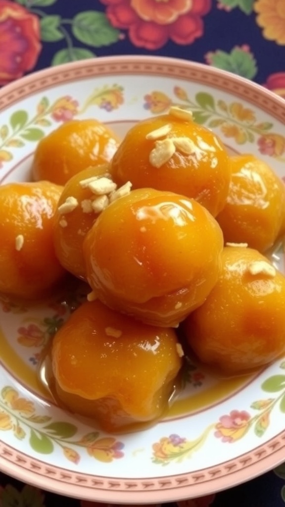 Golden bread gulab jamun balls soaked in syrup, garnished with nuts on a decorative plate.
